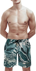 Men's Swim Trunks Hand Drawn Green Leaves Beach Shorts Quick Dry Summer Bathing Suit Swimwear Beachwear with Pockets