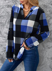 Dokotoo Womens Basic Casual V Neck Plaid Print Cuffed Long Sleeve Work Tops Blouses Shirts S-3XL