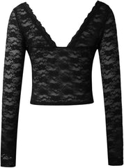 Women Y2K Lace Tops Tees for Teen Girl Neck Long Sleeve T Shirt Solid Pullover Slim Fit Bottom Short T Shirt