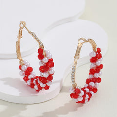 1 Pair Red Crystal Pearl Hoop Earrings, Sparkling Beaded Circle Earrings with Cubic Zirconia, Elegant Dangle Ear Jewelry for Women, Festive Holiday Earrings (Red & White)