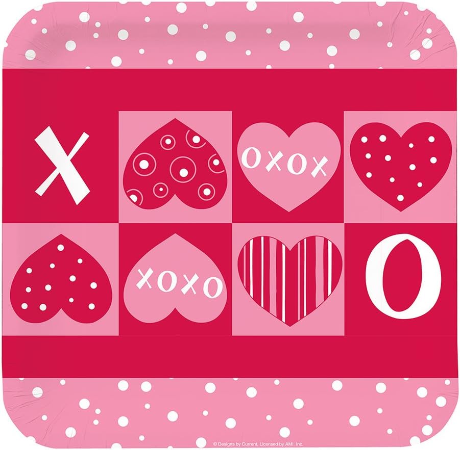8-Count Deep Dish Square Paper Dinner Plates, Crafty Hearts