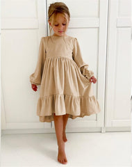Flower Girls Sequin Lace Tulle Kids Little Girls Daily Dress Autumn Long Sleeve Solid Irregular (Khaki, 11-12 Years)