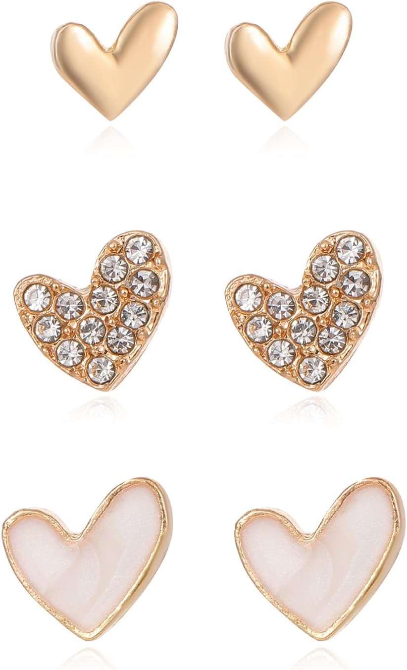 3 Pairs Heart Stud Earrings for Women, Rose Gold Plated Cubic Zirconia Heart Earrings, Elegance and Stylish Ear Studs, Ideal for Daily Wear and All Occasions, Fashion Jewelry (Gold)