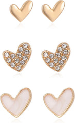 3 Pairs Heart Stud Earrings for Women, Rose Gold Plated Cubic Zirconia Heart Earrings, Elegance and Stylish Ear Studs, Ideal for Daily Wear and All Occasions, Fashion Jewelry (Gold)