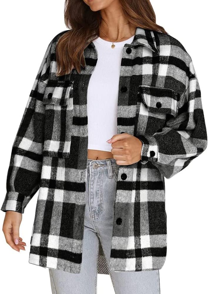 Beaully Women's Flannel Plaid Shacket 2025 Fall Outfits Long Sleeve Button Down Shirts Jacket Coats with Side Pockets
