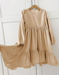 Flower Girls Sequin Lace Tulle Kids Little Girls Daily Dress Autumn Long Sleeve Solid Irregular (Khaki, 11-12 Years)