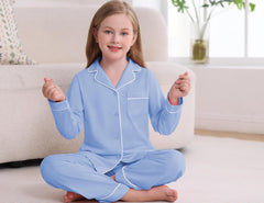 Veseacky Unisex Girls Boys Pajamas Long Sleeve Sleepwear Button-Down 2 Pcs Pjs Set for 5-14 Years