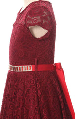 Flower Girl Dress Cap Sleeve Jewel Belt Floral Lace All Over