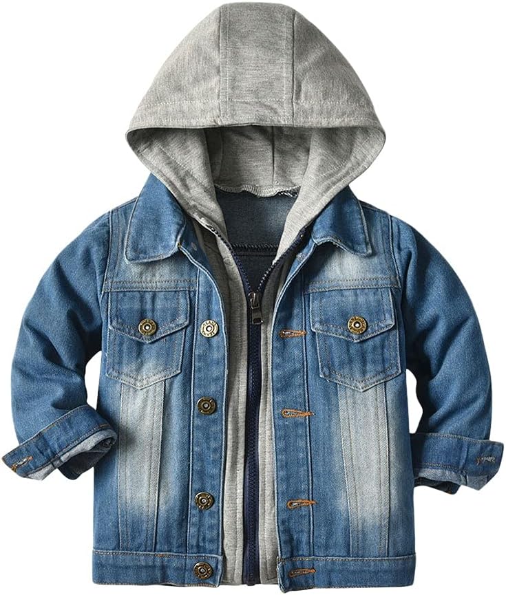 LittleSpring Little Boys Denim Hooded Jacket Long Sleeve Button Down Jeans Coat One Piece