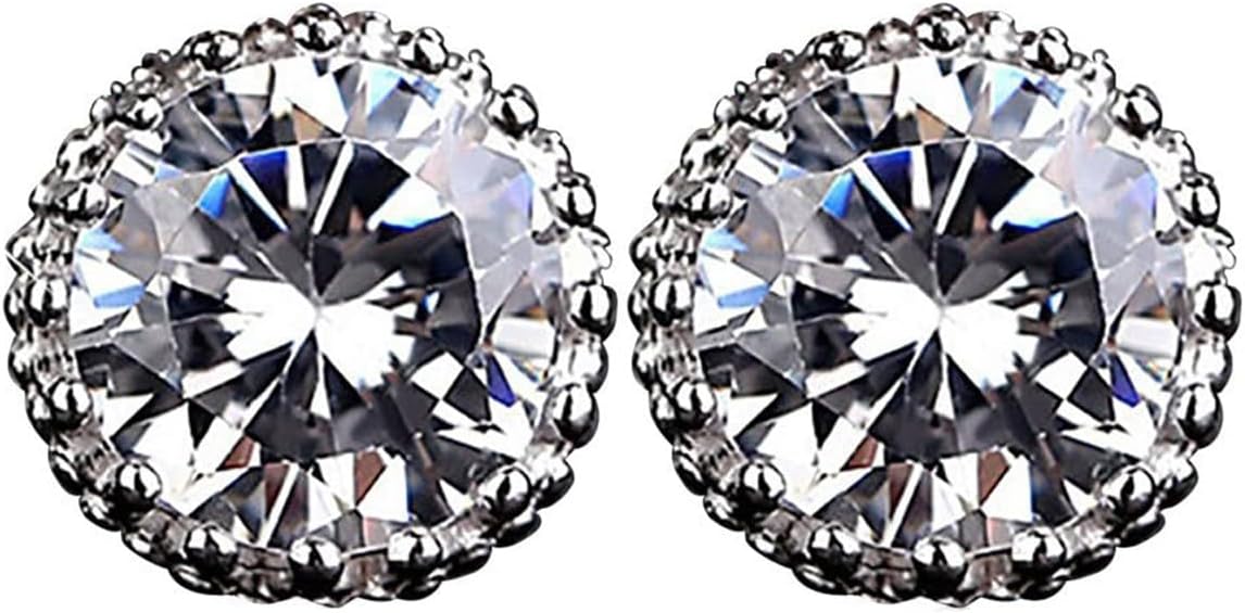 Women Synthetic Diamond Earrings, 18K White Gold Plated Round Square Cubic Zirconia Hypoallergenic Studs Earrings (Be King)