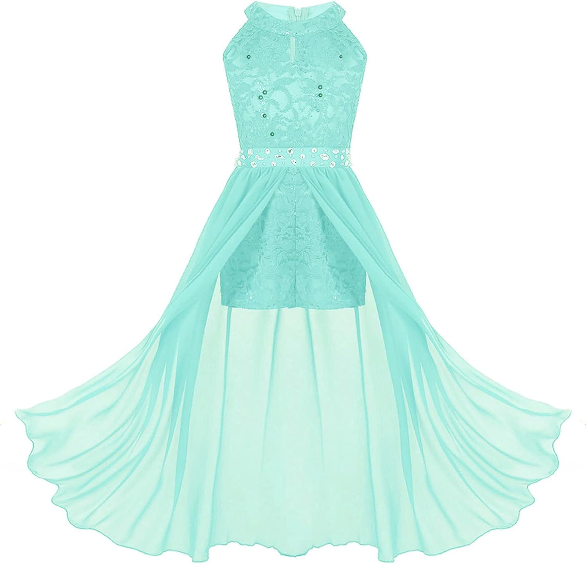 Kids Girls Wedding Dress Flower Girls Dress Sleeveless Floral Lace Rhinestone Maxi Romper Evening Gown Dance Wear