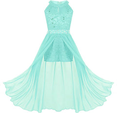 Kids Girls Wedding Dress Flower Girls Dress Sleeveless Floral Lace Rhinestone Maxi Romper Evening Gown Dance Wear