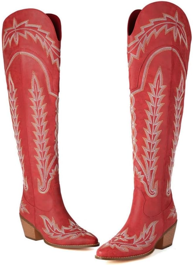 Over the Knee Cowgirl Boots for Women Pointed Toe Embroidered Western Boots with Side Zipper Chunky Long Cowboy Plus Size Rave Fashion Cute Kawaii Goth Emo Grunge Comfy Casual Non Slip Walking Shoes