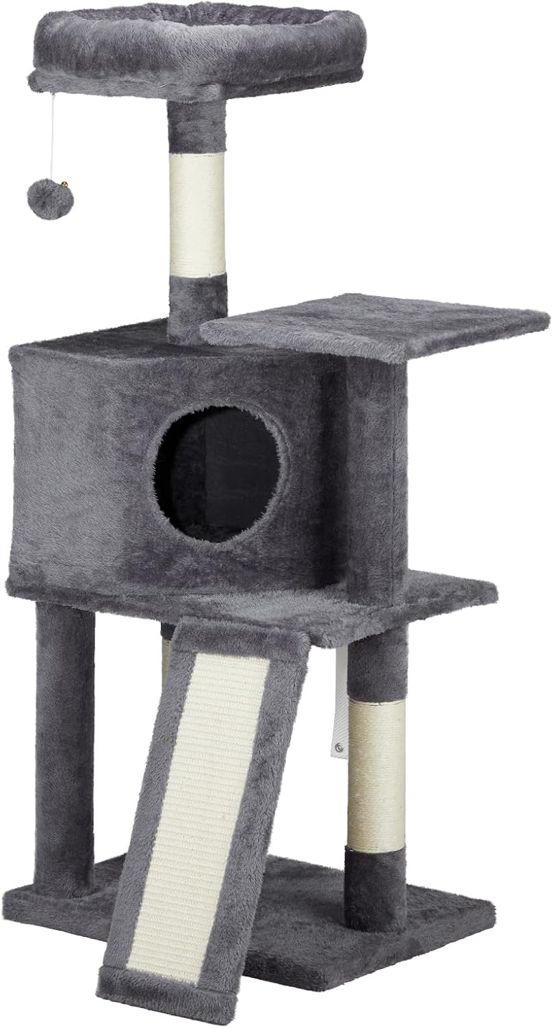 47 inch Cat Tree Cat Tower for Indoor Cats, Cat House with Padded Platform Bed, Toy Ball, Large Cozy Condo, Scratch Board and Sisal Scratching Posts, Dark Grey