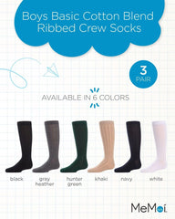 MeMoi 3 Pack Ribbed Boys Crew Socks, Cotton Blend Boys Dress Socks, Comfortable Crew Height Design - Sizes 6-14