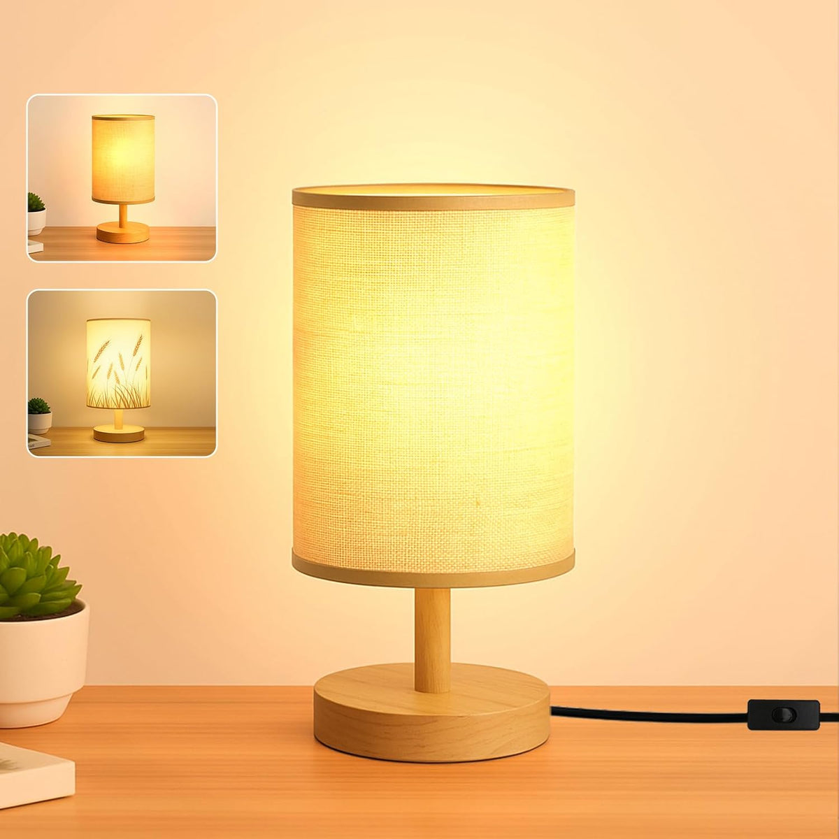 Desk Lamp LED Bulb Included, Small Bedside Table Lamp Plug-in - Classic Wood Base with Flaxen Fabric Shade, Lamps for Night Stands, Simple Nightstand Light for Bedroom, Office, Desk