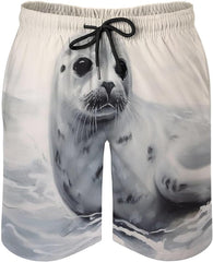 Men's Swim Trunks Harp Seal Painting Beach Shorts Quick Dry Summer Bathing Suit Swimwear Beachwear with Pockets