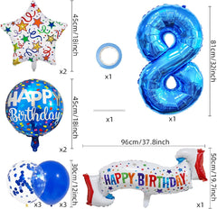 Happy 8th Birthday Balloon Colorful Banner Balloons Set 8th Year Old Birthday Blue Theme 8 Balloon Number 8 Foil Mylar Balloons Kids 8 Party Balloons Confetti Latex Mylar Balloons Party Supplies