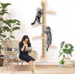 Cat Tree,Wall-Mounted Furniture,Tall Climbing Tower,Multi Tier Floor to Ceiling Post,Adjustable Wooden Frame with Scratching Platform for Indoor Pets
