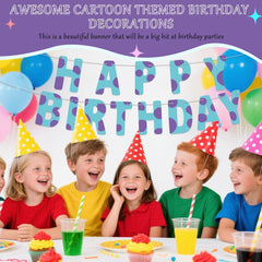 Cartoon Happy Birthday Banner, Pre-Strung Cartoon Themed Birthday Party Decoration Blue & Purple Banner for Kids Boys Baby Shower Event Party Decor Supplies Favors