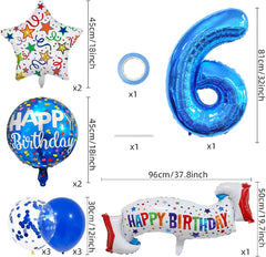 Happy 6th Birthday Balloon Colorful Banner Balloons Set 6th Year Old Birthday Blue Theme 6 Balloon Number 6 Foil Mylar Balloons Kids 6 Party Balloons Confetti Latex Mylar Balloons Party Supplies