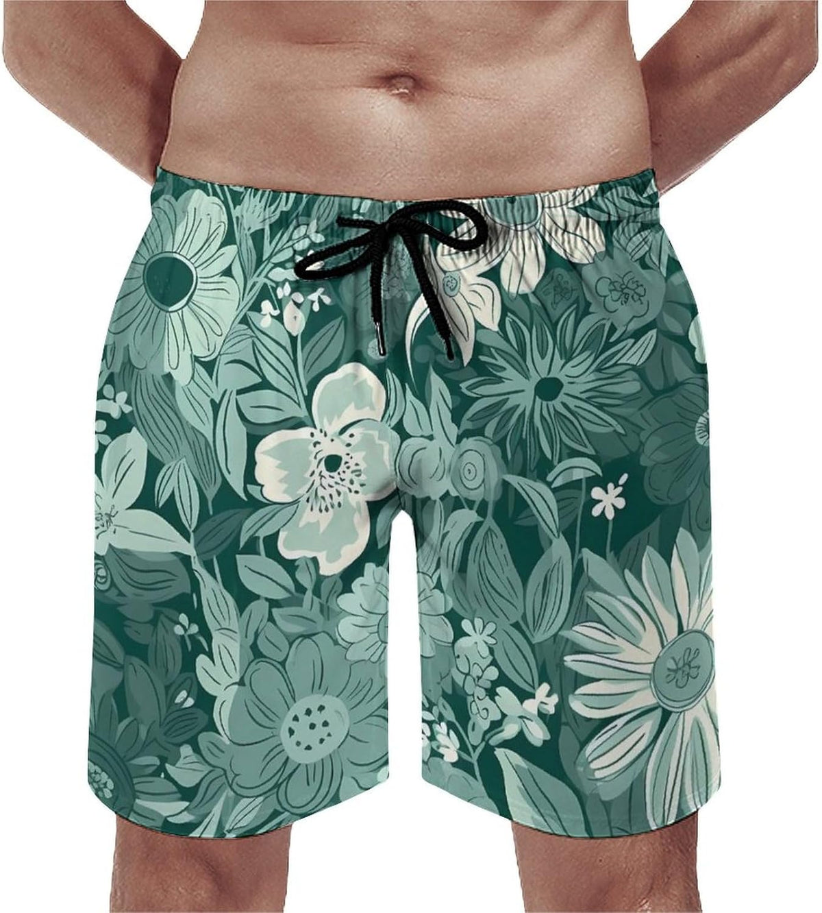 Men's Swim Trunks Green Flowers Beach Shorts Quick Dry Summer Bathing Suit Swimwear Beachwear with Pockets