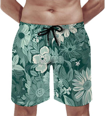 Men's Swim Trunks Green Flowers Beach Shorts Quick Dry Summer Bathing Suit Swimwear Beachwear with Pockets