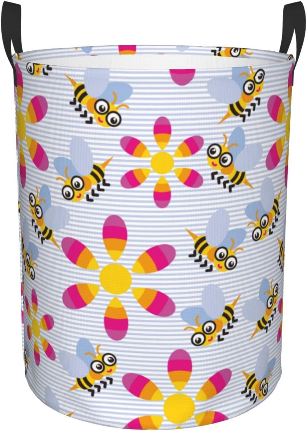 Cute Bee Flower Laundry Hamper Circular Laundry Basket Bin Dirty Clothes Bag Storage Basket Small