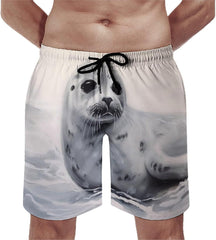 Men's Swim Trunks Harp Seal Painting Beach Shorts Quick Dry Summer Bathing Suit Swimwear Beachwear with Pockets