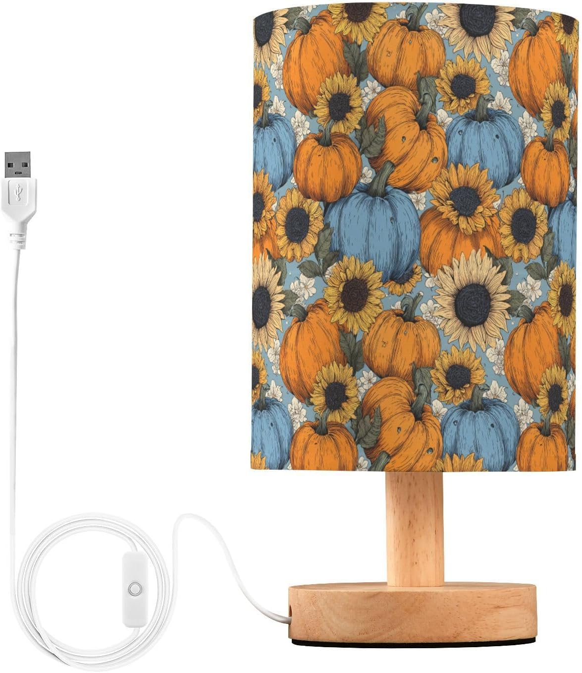 Cartoon Pumpkins Sunflower Bedside Table Lamp Small Desk Lamps Linen Fabric Shade Decorative Nightstand Lamp LED with USB Port Wood Base for Bedroom Living Room