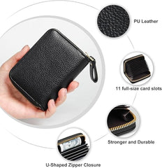 RFID Credit Card Holder Wallet with 9 Card Slots and 2 Cash Compartments, Compact Zipper Wallet for Men and Women, Leather RFID Blocking Card Organizer for Travel and Daily Use Black