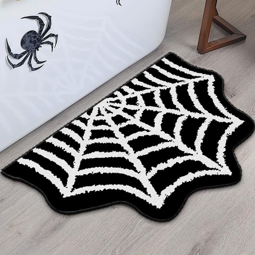 Spider Web Bath Mat, 2025 New Gothic Halloween Rug, Black Washable Non-Slip Goth Bath Mat for Bathroom, Front Door, Bedroom, Kitchen