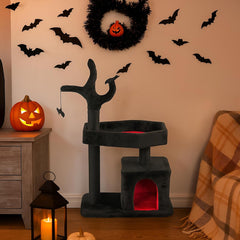 Gothic Cat Tree, Halloween Black Goth Cat Tower with Bat Toy & Playful Hole, Indoor Spooky Cat Trees Stand Climber Pole with Hanging Spiders Bats for Kitten, Black Red, Small