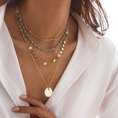 Turquoise Beaded Boho Necklace for Women Western Layered Choker with Coin Detail Jewelry