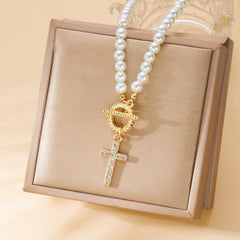 1PCS Pearl Cross Necklace, Exquisite Diamond-Encrusted Cross Design, Genuine Pearl Beads, Necklace for Women, Hypoallergenic Material, Adjustable Length, Elegant for Daily Wear and Special Occasions (White)