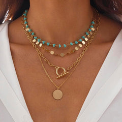 Country Style Layered Necklace for Women Boho Turquoise Beaded Coin Choker Jewelry