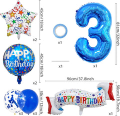 Happy 3rd Birthday Balloon Colorful Banner Balloons Set 3rd Year Old Birthday Blue Theme 3 Balloon Number 3 Foil Mylar Balloons Kids 3 Party Balloons Confetti Latex Mylar Balloons Party Supplies