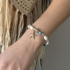 1PC Starfish Conch Shell Beaded Bracelet, Adjustable Ocean Charm Hand Chain, Bohemian Beach Seed Bead Jewelry, Natural Ocean Theme Wrist Accessory, Stylish Coastal Inspired Bracelet (Blue&Gold)
