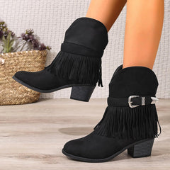 Women's Suede Western Ankle Boots with Fringe & Buckle – Slip-On Chunky Heel Round-Toe Riding Boots for Spring/Autumn, Non-Waterproof Lift Design