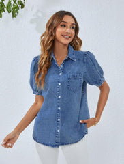 BMJL Womens Denim Shirt Business Casual Button Down Work Blouses Puff Sleeve Summer Tops
