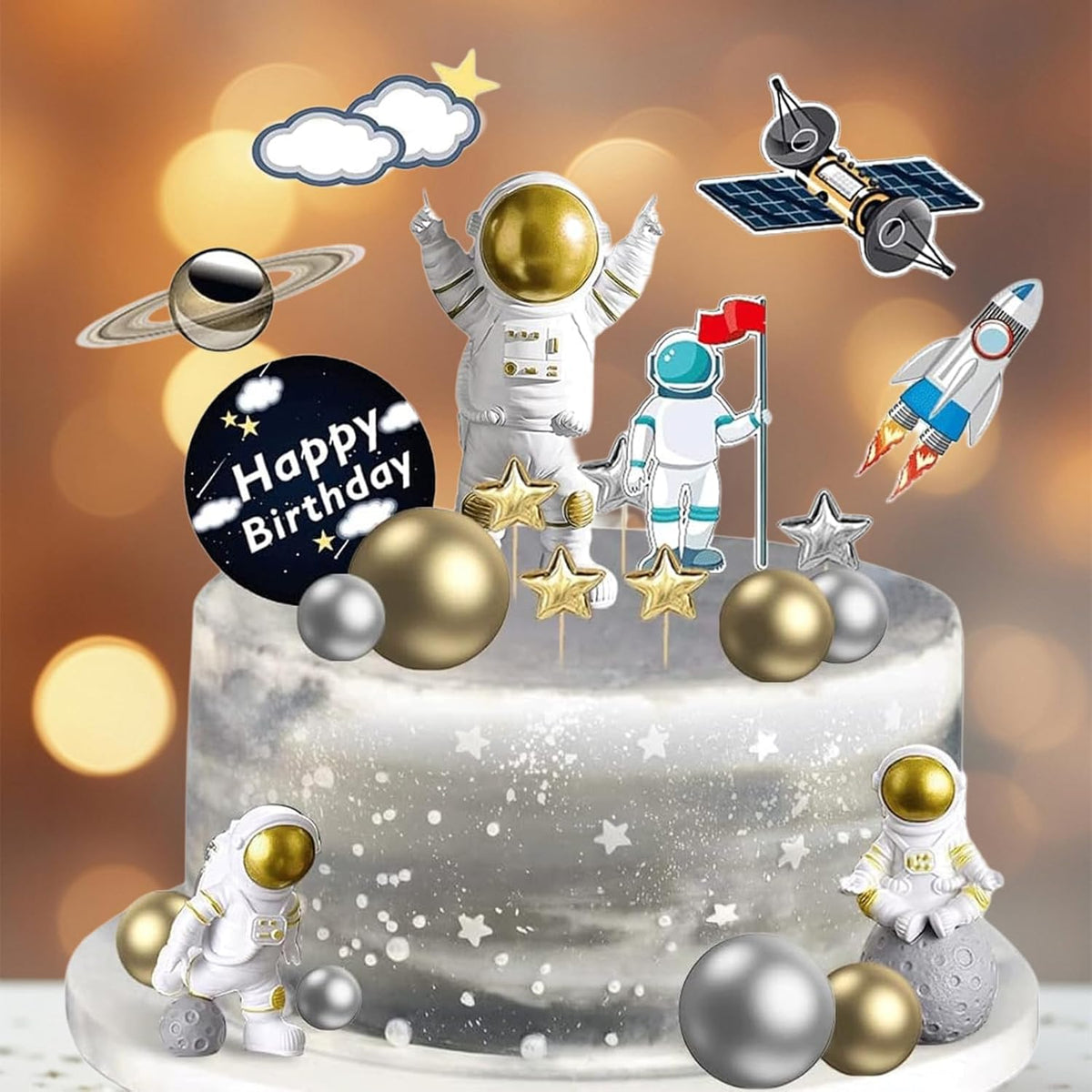 22 Pcs Space Cake Topper,Outer Space Cupcake Toppers Astronaut Figurine Decorations Birthday Themed Party Supplies Planet Rocket Pearl Balls and Star DIY Cake Toppers for Party
