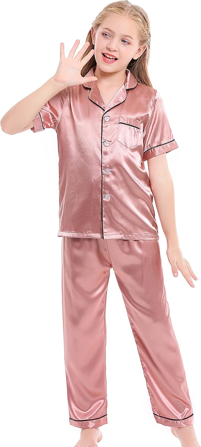 Kids Satin Short-Top and Long-Pants 2-Pieces Pajamas Sleepwears Set