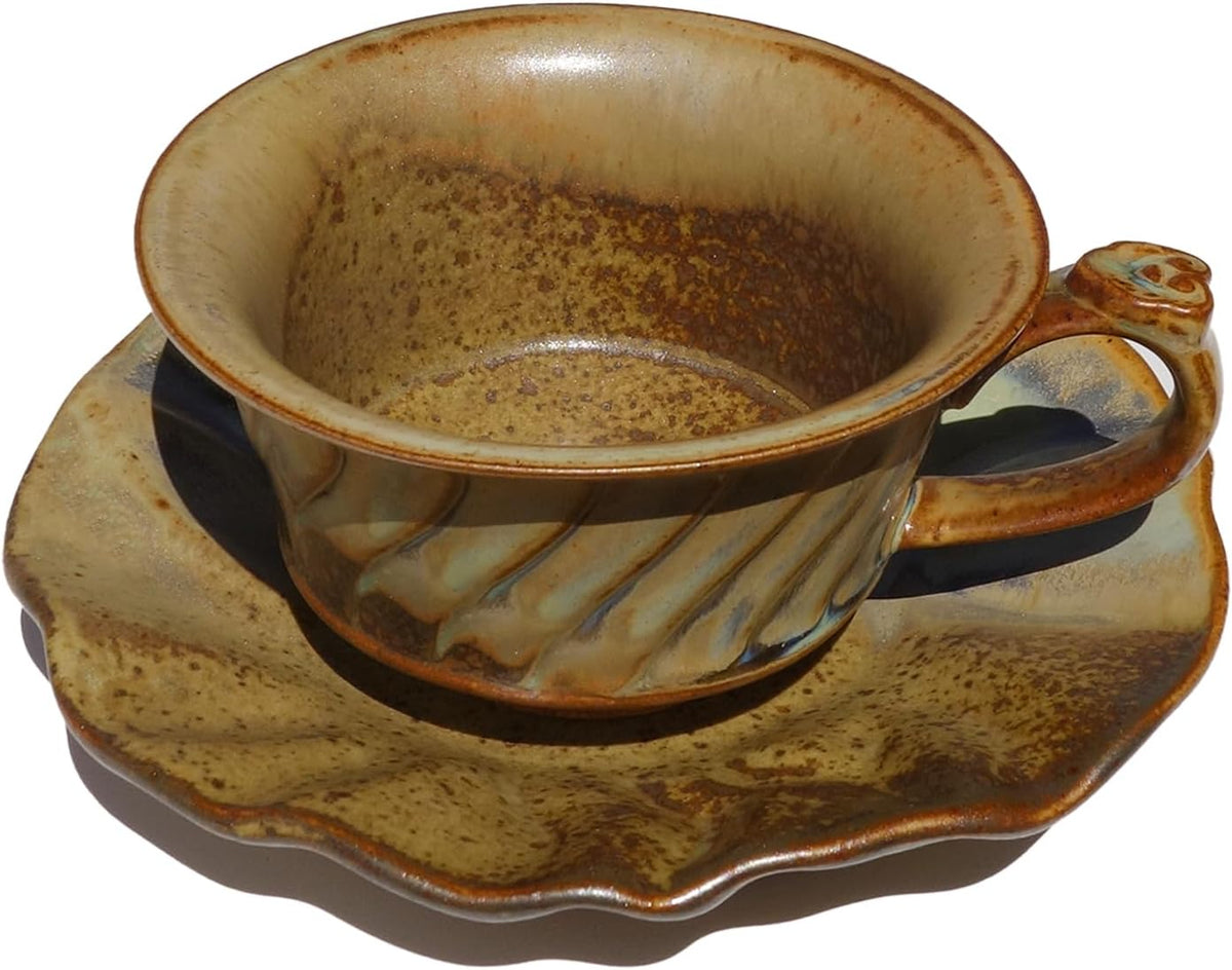 5oz Rustic Retro Ceramic Coffee Cup with Saucer, Nordic Stoneware Cortado Cup, Aesthetic Tea Cup Set, Microwave & Dishwasher Safe