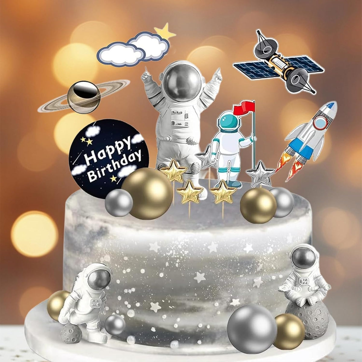 22 Pcs Space Cake Topper,Outer Space Cupcake Toppers Astronaut Figurine Birthday Themed Party Decorations Supplies Planet Rocket Pearl Balls and Star DIY Cake Toppers for Party