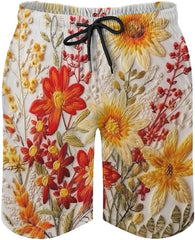 Men's Swim Trunks Embroidery Style Beach Shorts Quick Dry Summer Bathing Suit Swimwear Beachwear with Pockets