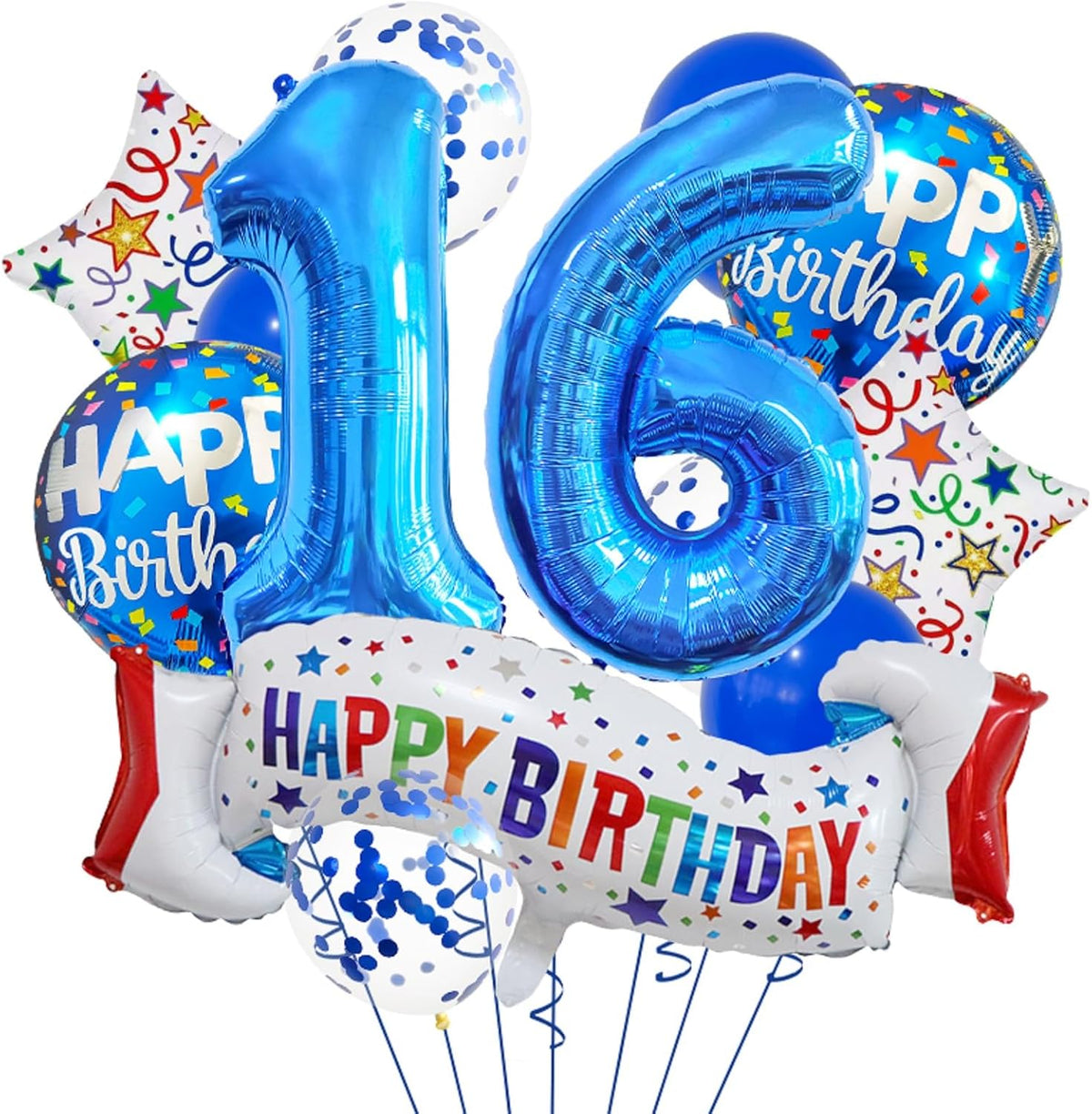 Happy 16th Birthday Balloon Colorful Banner Balloons Set 16th Year Old Birthday Blue Theme 16 Balloon Number 16 Foil Mylar Balloons Kids 16 Party Balloons Confetti Latex Mylar Balloons Party Supplies