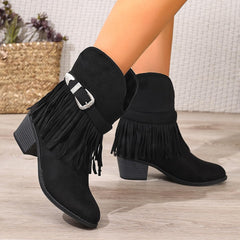 Women's Suede Western Ankle Boots with Fringe & Buckle – Slip-On Chunky Heel Round-Toe Riding Boots for Spring/Autumn, Non-Waterproof Lift Design