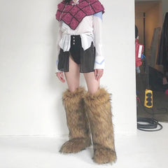 yamerbo Women's Faux Fur Boot Fuzzy Fluffy Round Toe Plush Winter Knee-High Boots Comfy Warm Tall Snow Boots for Outdoor Indoor Flat Shoes