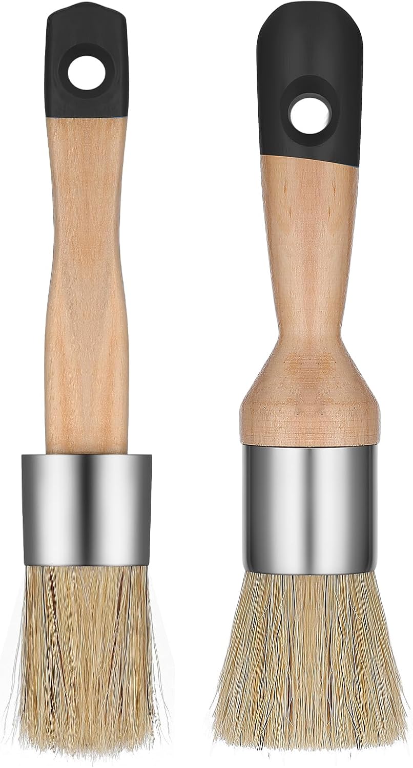 2 Pcs Chalk Paint Brush, Round Wax Paint Brush for Furniture Natural Bristles Stencil Brush Compatible with All Types of Chalk Paints for Painting or Waxing Home Decor DIY Art Crafts (Black)