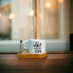 Motivation Themed White Cup Saucer and Spoon, Be a Voice not an Echo, 7 oz